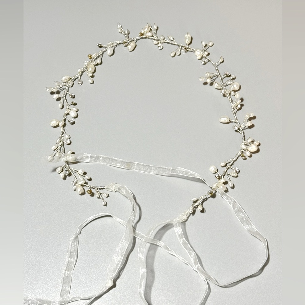 Genuine Pearl and rhinestone Hair Vine Bridal Headpiece Floral with Ties